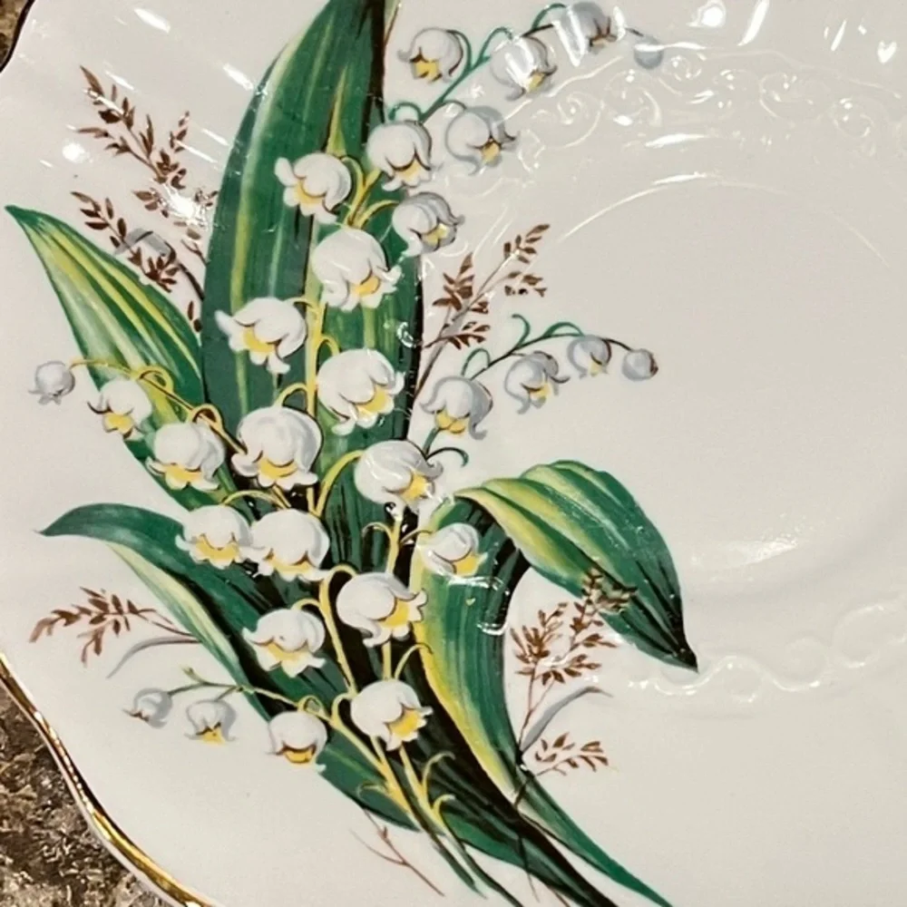 Vintage Old Royal Lily of the Valley Floral Bone China Saucer Gold Trim England